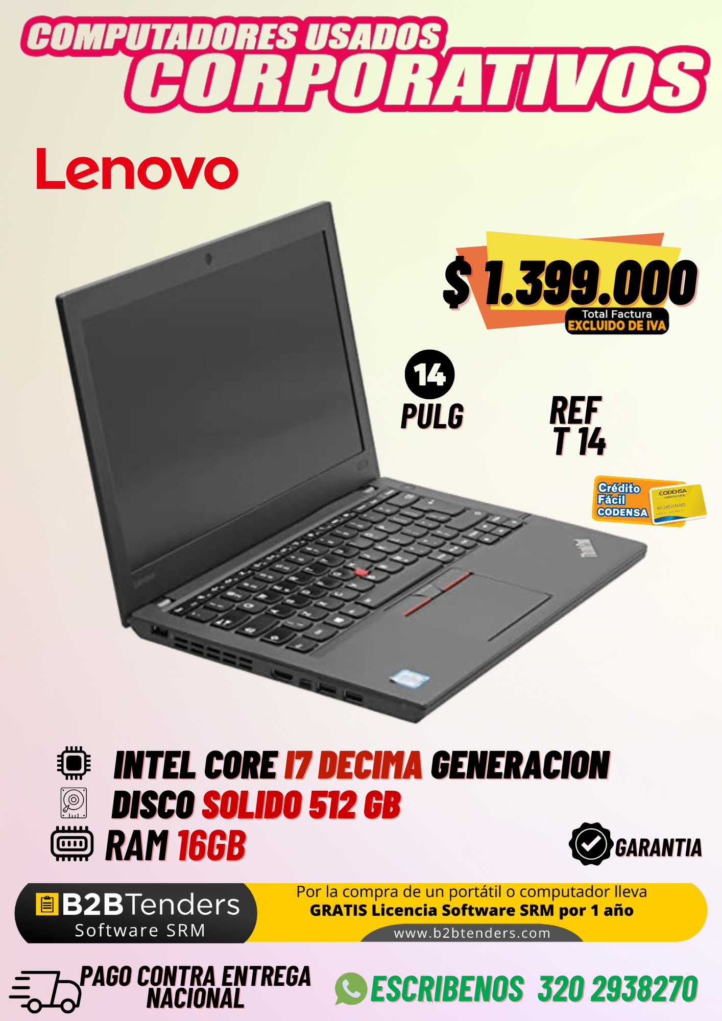 Lenovo ThinkPad T14 Usado | i7 10ª Gen, 16GB RAM, 512GB SSD | IVA incluido